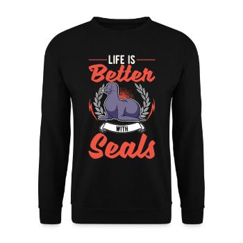 Das Leben ist besser mit einem Seehund Robbe - Unisex Pullover - Schwarz - Vorne - Alina (178cm) & Michal (187cm)
