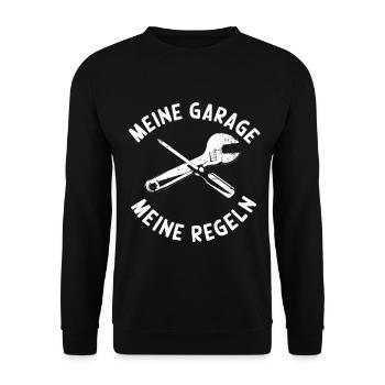 Meine Garage meine Regeln Humor Schrauber Spruch - Unisex Pullover - Schwarz - Vorne - Alina (178cm) & Michal (187cm)