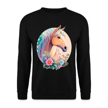 Pastell Farben Pony Pferd Kunst mit Blumen - Unisex Pullover - Schwarz - Vorne - Alina (178cm) & Michal (187cm)