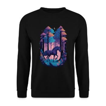 Magisches Pferd im düsteren magischen Wald - Unisex Pullover - Schwarz - Vorne - Alina (178cm) & Michal (187cm)