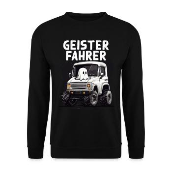 Geister Fahrer ein lustiger Halloween Spruch - Unisex Pullover - Schwarz - Vorne - Alina (178cm) & Michal (187cm)