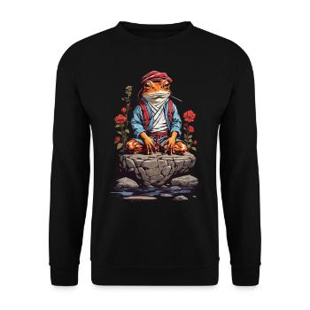 Zen Frosch Spirituelle Meditation und Japan Yoga - Unisex Pullover - Schwarz - Vorne - Alina (178cm) & Michal (187cm)