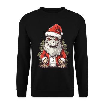 Dino Weihnachten lustig Dinosaurier Weihnachtsmann - Unisex Pullover - Schwarz - Vorne - Alina (178cm) & Michal (187cm)