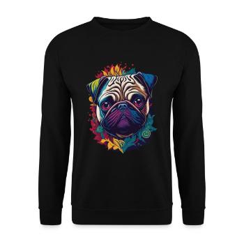 Farbenfrohes Mops Hund Kunstwerk - Unisex Pullover - Schwarz - Vorne - Alina (178cm) & Michal (187cm)