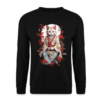 Japanische Kimono Katze Ukiyo-E Katzen Design - Unisex Pullover - Schwarz - Vorne - Alina (178cm) & Michal (187cm)