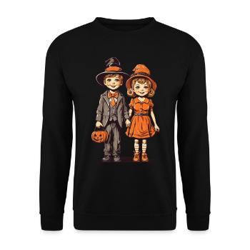Retro Halloween Trick or Treat Kinder Design - Unisex Pullover - Schwarz - Vorne - Alina (178cm) & Michal (187cm)