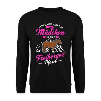 Freiberger Pferd Mädchen - Unisex Pullover - Schwarz - Vorne - Alina (178cm) & Michal (187cm)