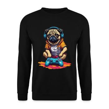 Lustiger Nerd Gaming Mops Hund mit Controller - Unisex Pullover - Schwarz - Vorne - Alina (178cm) & Michal (187cm)