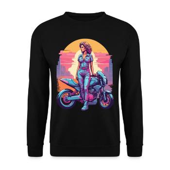 Vintage Biker Vaporwave Motorradliebe - Unisex Pullover - Schwarz - Vorne - Alina (178cm) & Michal (187cm)