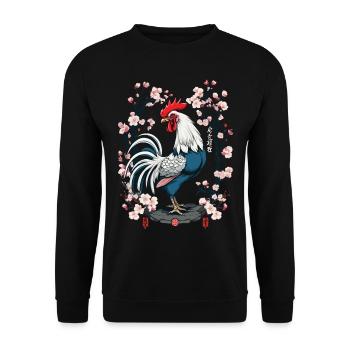 Asiatische Hahn Kirschblüten Aesthetic Design - Unisex Pullover - Schwarz - Vorne - Alina (178cm) & Michal (187cm)