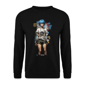 Design de style de rue anime avec des cheveux bleus - Sweat-shirt Unisexe - noir - Devant - Alina (178cm) & Michal (187cm)