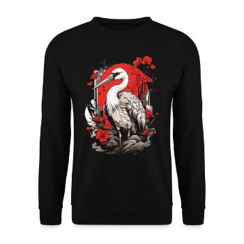 Kranich Asiatische Ästhetik Vintage Streetwear - Unisex Pullover - Schwarz - Vorne - Alina (178cm) & Michal (187cm)