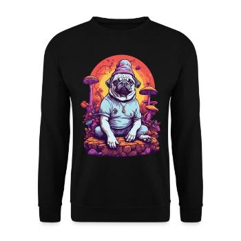 Magischer Mops Hund Psychedelic Art Wald Pilze - Unisex Pullover - Schwarz - Vorne - Alina (178cm) & Michal (187cm)