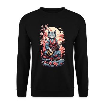 Cat with Shamisen Vintage Japan Yokai Art - Unisex Sweatshirt - black - Front - Alina (178cm) & Michal (187cm)