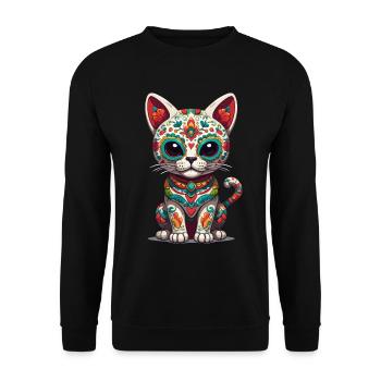 Katze Mexiko Zuckerschädel Ikonisch Streetwear - Unisex Pullover - Schwarz - Vorne - Alina (178cm) & Michal (187cm)