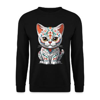 Ikonischer Zuckerschädel Katze Mexikanischer - Unisex Pullover - Schwarz - Vorne - Alina (178cm) & Michal (187cm)