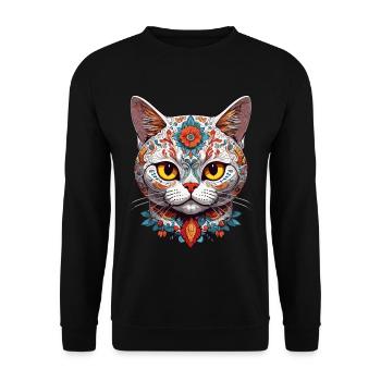Ikonischer Zuckerschädel & Katze Mexiko Streetwear - Unisex Pullover - Schwarz - Vorne - Alina (178cm) & Michal (187cm)