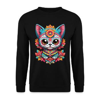 Kawaii Katze Ikonischer Zuckerschädel Mexiko - Unisex Pullover - Schwarz - Vorne - Alina (178cm) & Michal (187cm)