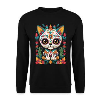 Kawaii Katze Ikonischer Zuckerschädel Streetwear - Unisex Pullover - Schwarz - Vorne - Alina (178cm) & Michal (187cm)
