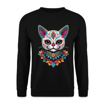 Katze Ikonischer Zuckerschädel Mexikanische Feste - Unisex Pullover - Schwarz - Vorne - Alina (178cm) & Michal (187cm)
