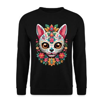 Zuckerschädel Katze Mexikanischer Feiertag Design - Unisex Pullover - Schwarz - Vorne - Alina (178cm) & Michal (187cm)