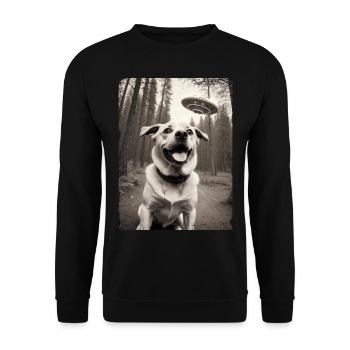 Hunde Selfie mit Außerirdischem Raumschiff Design - Unisex Pullover - Schwarz - Vorne - Alina (178cm) & Michal (187cm)