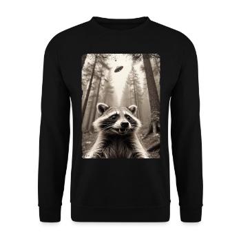 Lustiges Waschbär Selfie Außerirdisches Raumschiff - Unisex Pullover - Schwarz - Vorne - Alina (178cm) & Michal (187cm)
