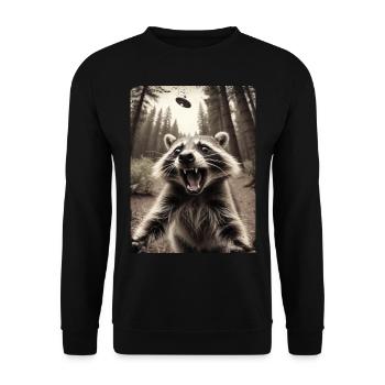 Lustiges Waschbär Selfie Außerirdisches Raumschiff - Unisex Pullover - Schwarz - Vorne - Alina (178cm) & Michal (187cm)