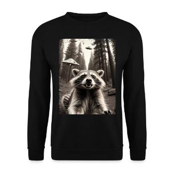 Waschbär Selfie Außerirdisches Raumschiff - Unisex Pullover - Schwarz - Vorne - Alina (178cm) & Michal (187cm)