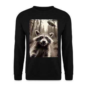 Lustiges Waschbär Selfie Außerirdisches Raumschiff - Unisex Pullover - Schwarz - Vorne - Alina (178cm) & Michal (187cm)
