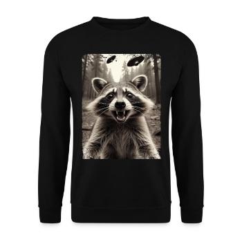 Lustiges Waschbär Selfie Außerirdisches Raumschiff - Unisex Pullover - Schwarz - Vorne - Alina (178cm) & Michal (187cm)