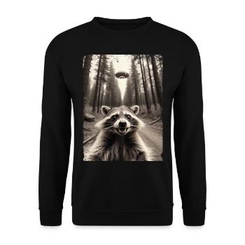 Lustiges Waschbär Selfie Außerirdisches Raumschiff - Unisex Pullover - Schwarz - Vorne - Alina (178cm) & Michal (187cm)