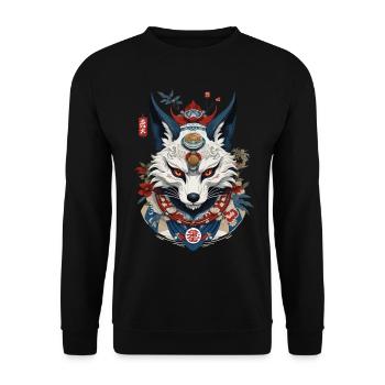 Ukiyo-E Kunst Stil Japan Fuchsgeist Kitsune Maske - Unisex Pullover - Schwarz - Vorne - Alina (178cm) & Michal (187cm)