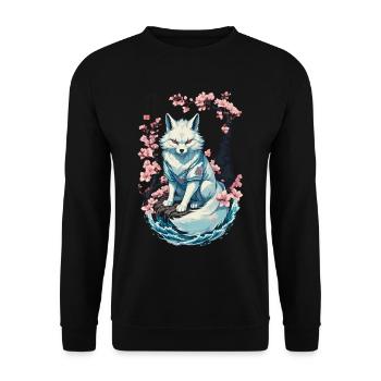 Weißer Kitsune Fuchs Japanische Kirschblüten - Unisex Pullover - Schwarz - Vorne - Alina (178cm) & Michal (187cm)