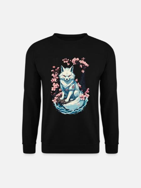 Weißer Kitsune Fuchs Japanische Kirschblüten - Unisex Pullover - Schwarz