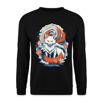 Ukiyo-E Kunst Stil Japanische Kitsune Fuchs - Unisex Pullover - Schwarz - Vorne - Alina (178cm) & Michal (187cm)