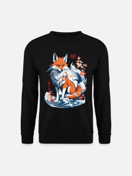 Ukiyo-E Kunst Stil Japanische Kitsune Fuchs - Unisex Pullover - Schwarz