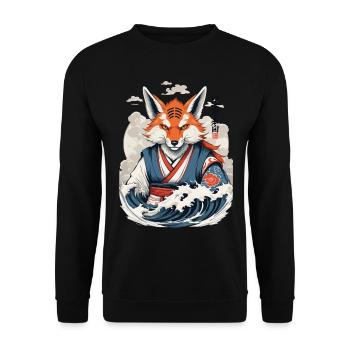 Vintage Ukiyo-E Kunst Japanische Kitsune Fuchs - Unisex Pullover - Schwarz - Vorne - Alina (178cm) & Michal (187cm)