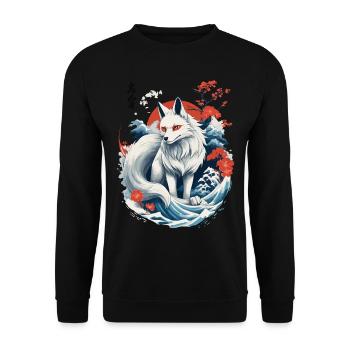 Weißer Ukiyo-E Fuchs Japanische Kitsune Maske - Unisex Pullover - Schwarz - Vorne - Alina (178cm) & Michal (187cm)
