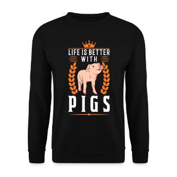 Life is better with Pigs Schweine - Unisex Pullover - Schwarz - Vorne - Alina (178cm) & Michal (187cm)