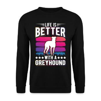 Das Leben ist besser mit einem Windhund Greyhound - Unisex Pullover - Schwarz - Vorne - Alina (178cm) & Michal (187cm)