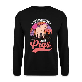 Life is better with Pigs Schweine - Unisex Pullover - Schwarz - Vorne - Alina (178cm) & Michal (187cm)