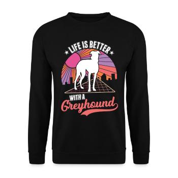 Das Leben ist besser mit einem Windhund Greyhound - Unisex Pullover - Schwarz - Vorne - Alina (178cm) & Michal (187cm)