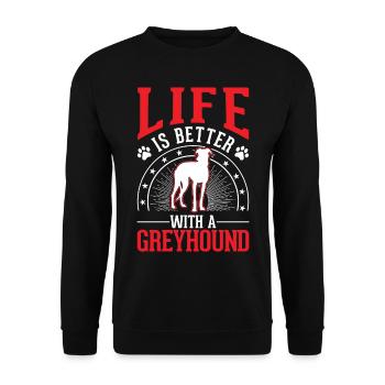 Das Leben ist besser mit einem Windhund Greyhound - Unisex Pullover - Schwarz - Vorne - Alina (178cm) & Michal (187cm)