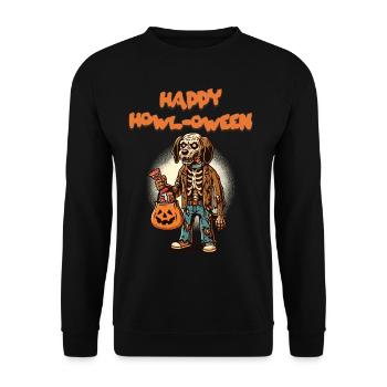 Happy Howl-oween Lustiger Halloween Hunde Spruch - Unisex Pullover - Schwarz - Vorne - Alina (178cm) & Michal (187cm)