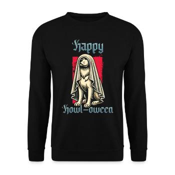 Happy Howl-oween Lustiger Hunde Halloween Spruch - Unisex Pullover - Schwarz - Vorne - Alina (178cm) & Michal (187cm)