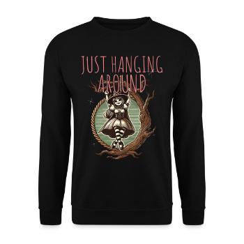 Just Hanging Around Lustiger Halloween Spruch - Unisex Pullover - Schwarz - Vorne - Alina (178cm) & Michal (187cm)
