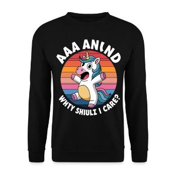 Und warum sollte es mich interessieren? Lustiges sarkastisches Einhorn - Unisex Pullover - Schwarz - Vorne - Alina (178cm) & Michal (187cm)