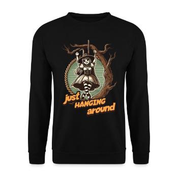 Lustiger Halloween Spruch Just Hanging Around - Unisex Pullover - Schwarz - Vorne - Alina (178cm) & Michal (187cm)