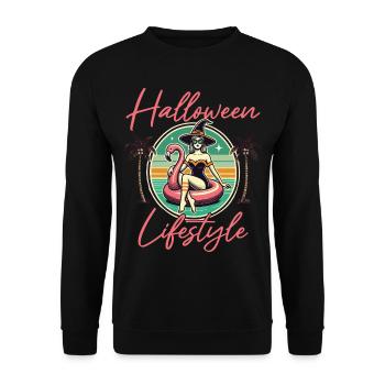 Halloween Lifestyle Beach Witch Flamingo - Unisex Sweatshirt - black - Front - Alina (178cm) & Michal (187cm)